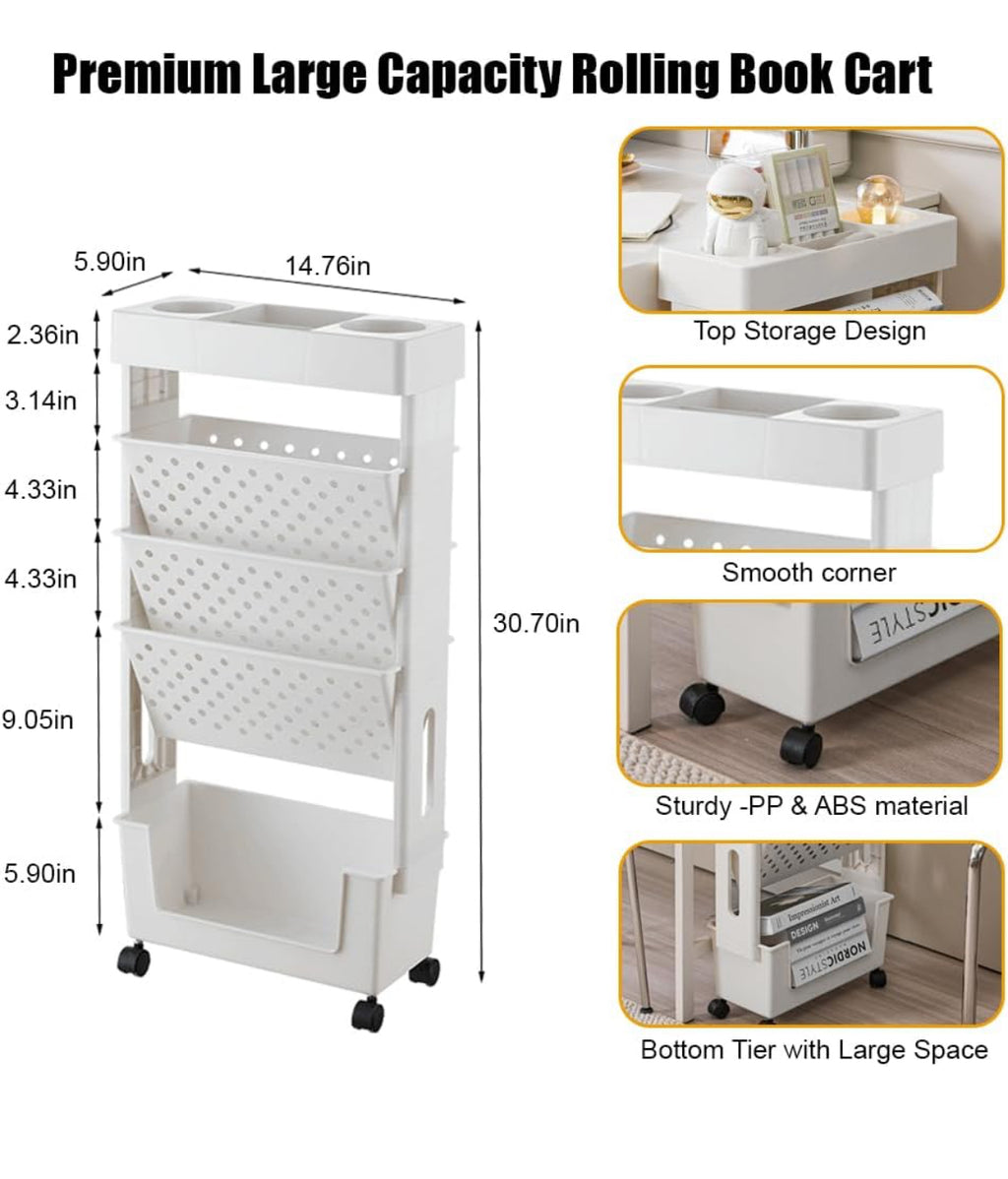 5-Tier Slim Rolling Book Cart/Shelf