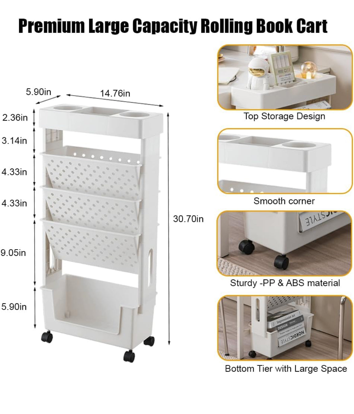 5-Tier Slim Rolling Book Cart/Shelf