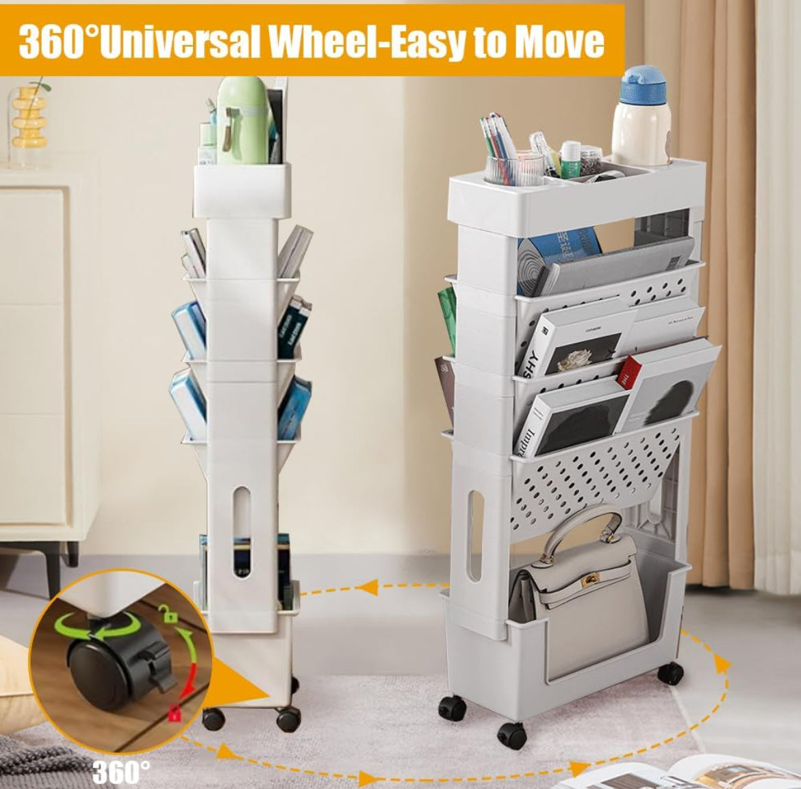5-Tier Slim Rolling Book Cart/Shelf