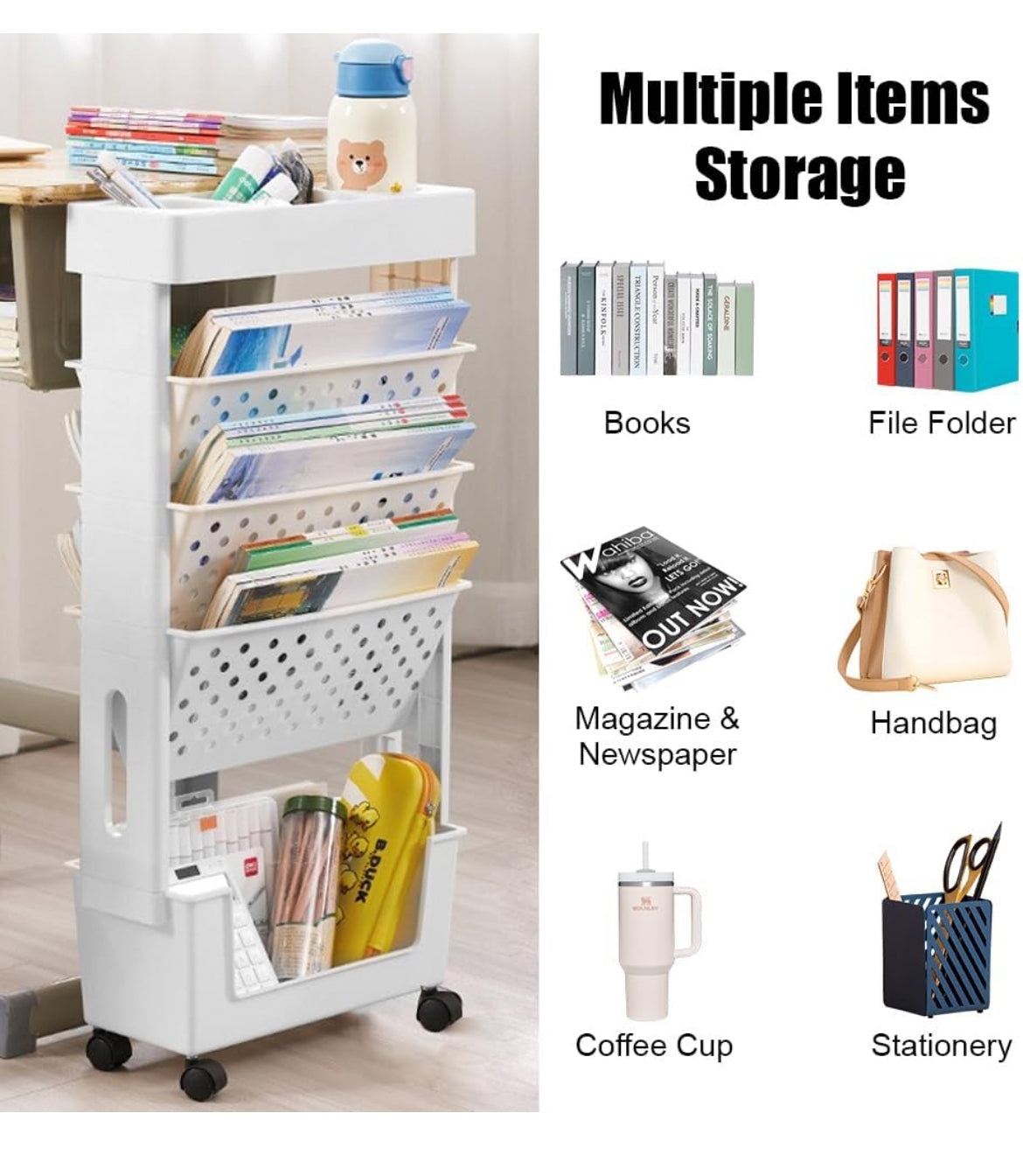 5-Tier Slim Rolling Book Cart/Shelf
